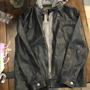 Weathered black leather jacket  built in hoodie